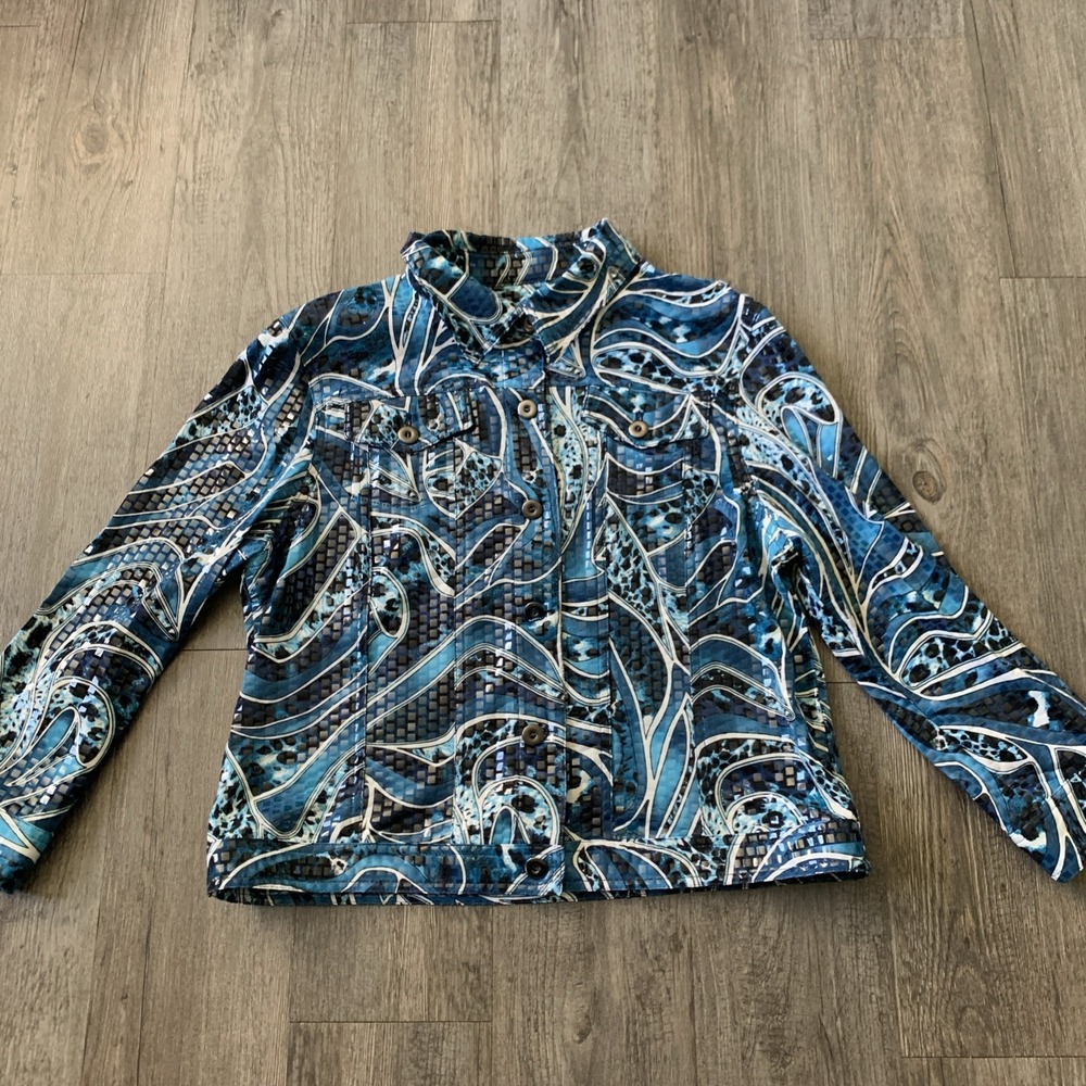 Ruby Rd Womens Wearable Art Top Jacket Size 14 Blue Abstract Button Up Pockets